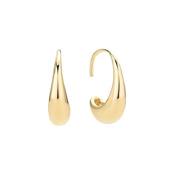 Gold teardrop earrings with polished finish and open hoop design. Smooth, reflective surface.